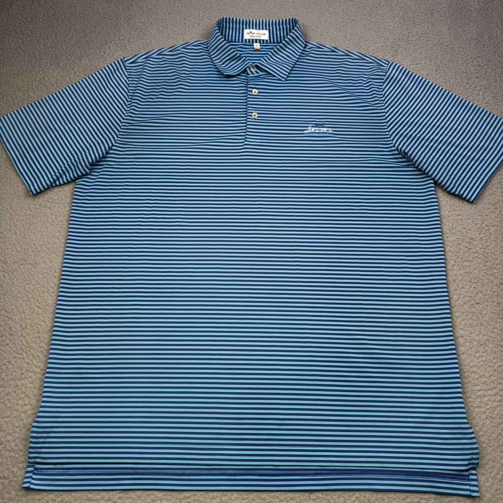 Peter Millar Polo Shirt Mens XL Blue Striped Summer Comfort Golf Seven Desert